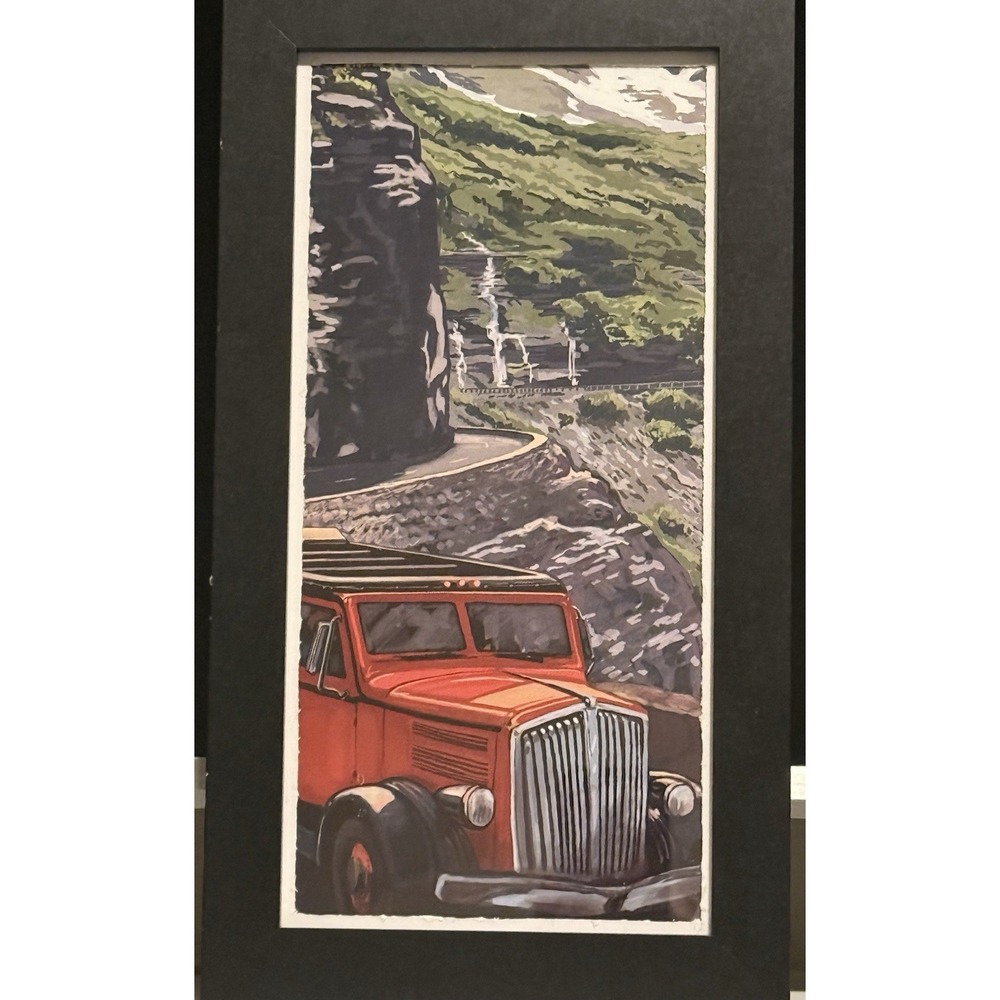 Mountain Cabin Framed Red Truck Road Illustration Print on Paper travel